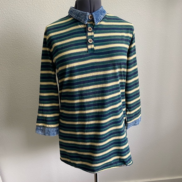 POL Medium Stripe Chambray Collar Wrist Cuff Denimwear Polo Shirt - Picture 3 of 5